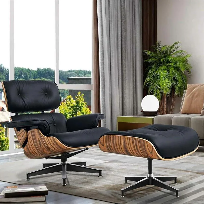 Momei Mid Century Genuine Leather Lounge Chair with Ottoman