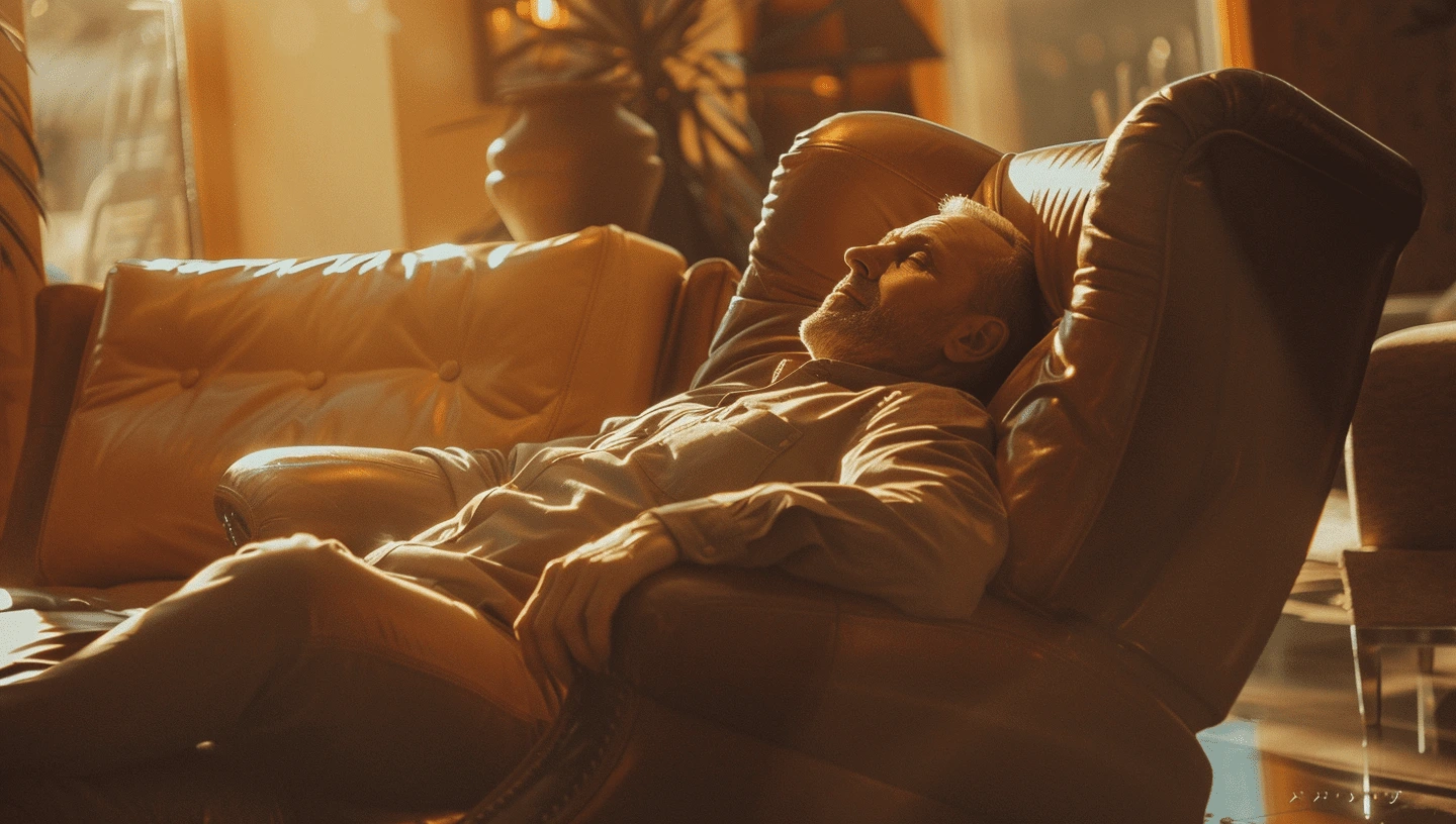 A_real_photo_of_a_man_lying_down_on_a_luxury_leather_chair