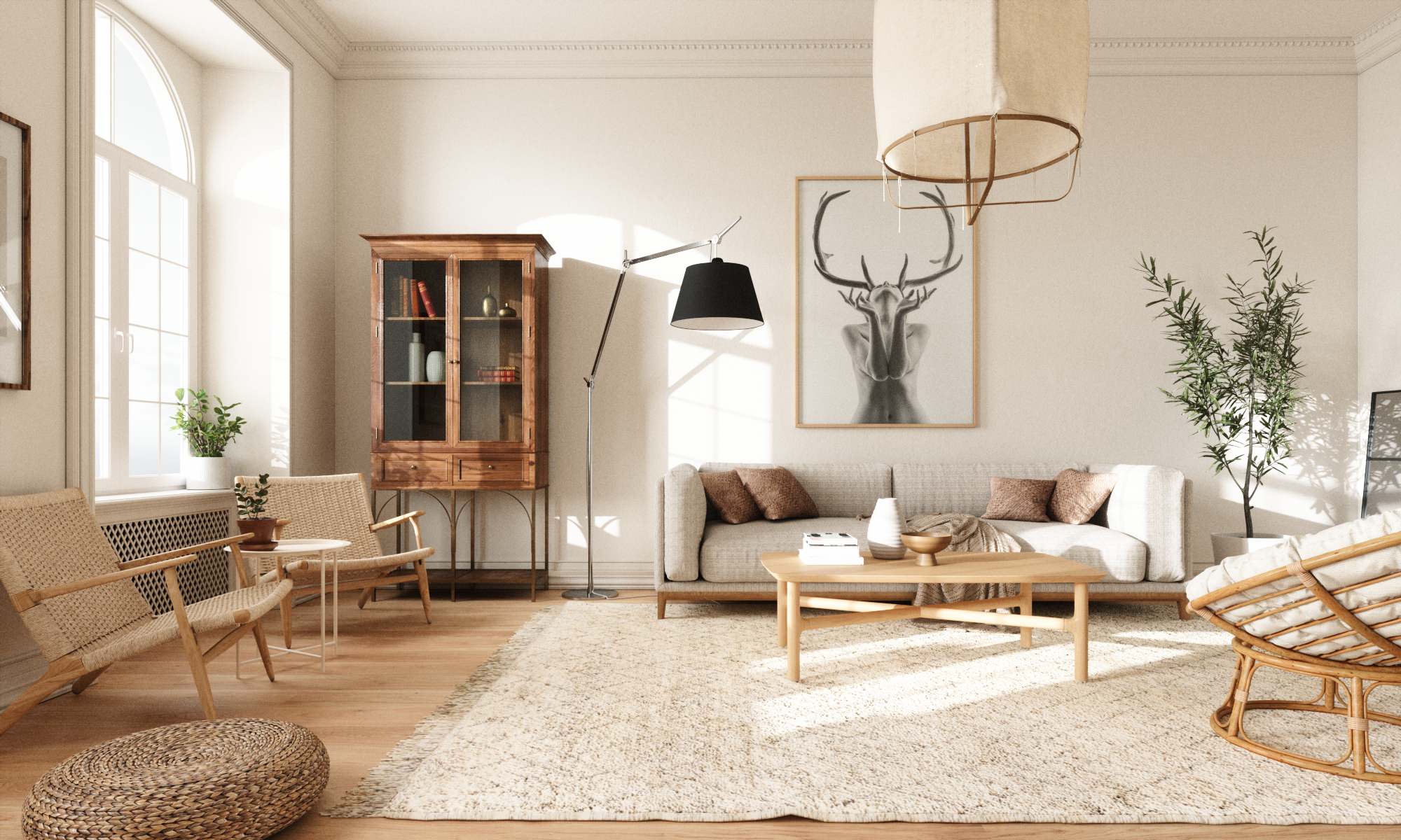 Warm neutral interior design with modern seating and designer furniture