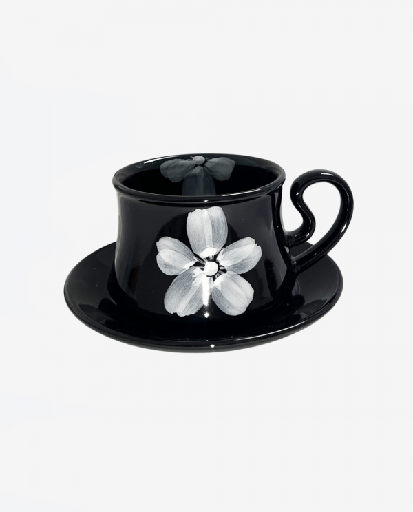 Vintage Black Glaze Floral Coffee Cup and Saucer 1